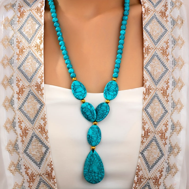 COLLAR BOHEMIO GÉOMÉTRIQUE LARME REDONDO TURQUESA PERLÉ