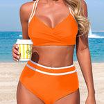 Stylish Color-blocked Striped High-waisted Two-piece Stretch Bikini Swimsuit