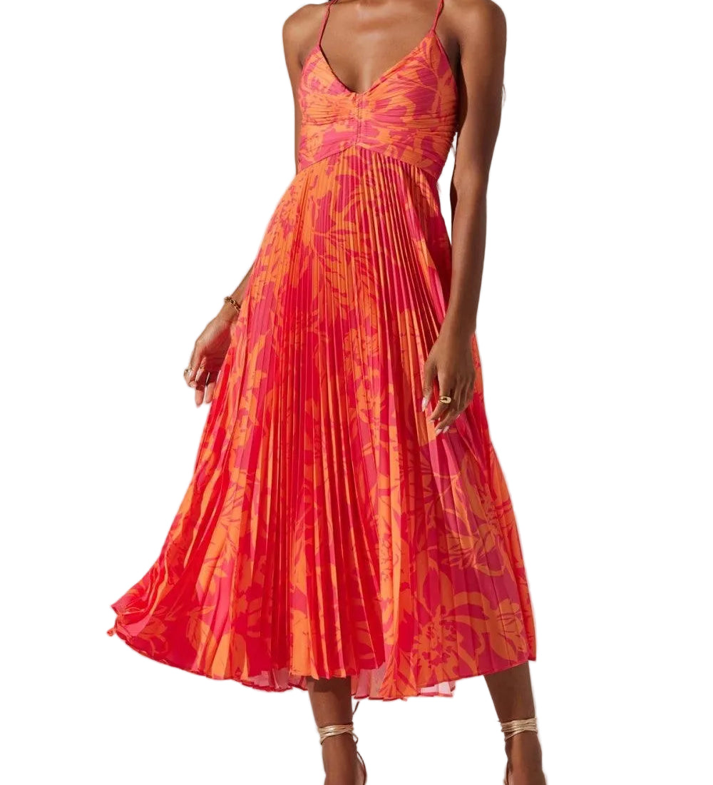 Vestido midi plissado com estampa floral elegante