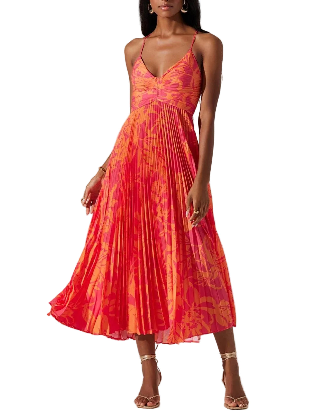 Vestido midi plissado com estampa floral elegante