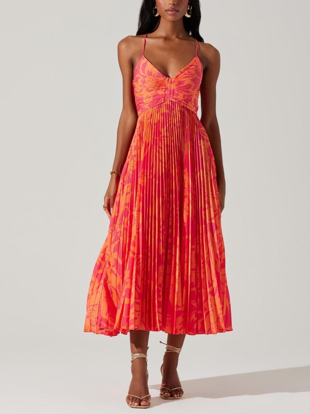 Vestido midi plissado com estampa floral elegante