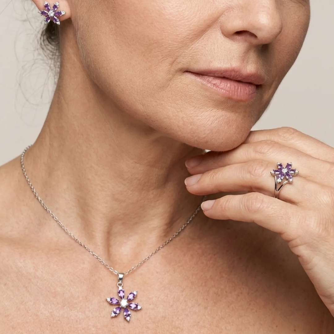 CONJUNTO AMATISTA FLOR FLORECIDA JOYAS | ORO BLANCO