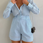 Conjunto de shorts folgados de manga comprida em algodão e linho