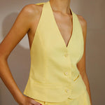 Conjunto de shorts sem costas com amarração nas costas em algodão e linho