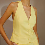 Conjunto de shorts sem costas com amarração nas costas em algodão e linho