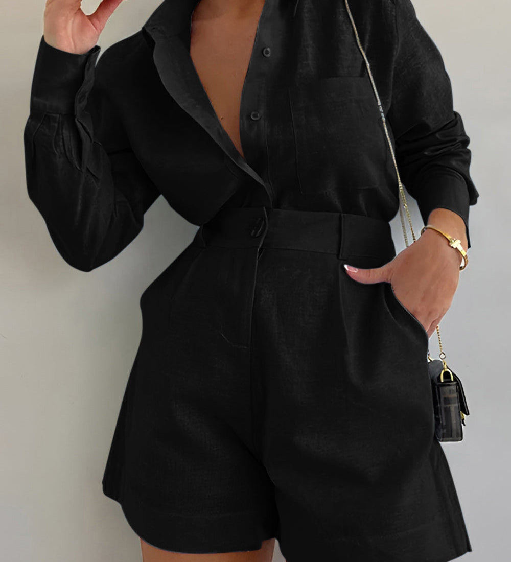 Conjunto de shorts folgados de manga comprida em algodão e linho