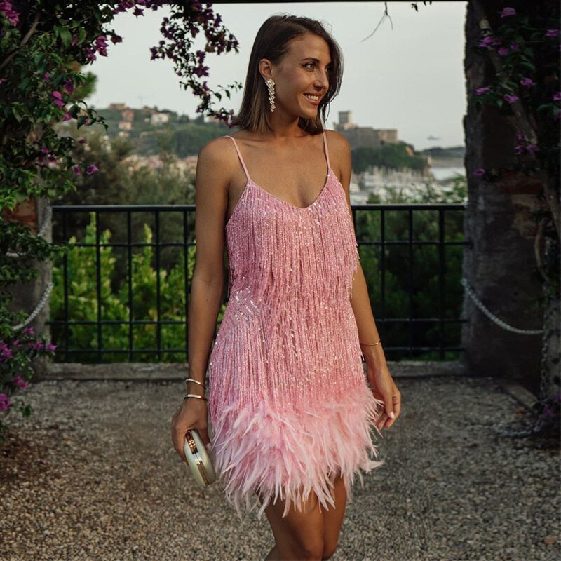 Elegant Feather Mini Dress with Flattering Fit