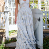 Vestido longo floral com babados e fenda