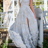 Vestido longo floral com babados e fenda