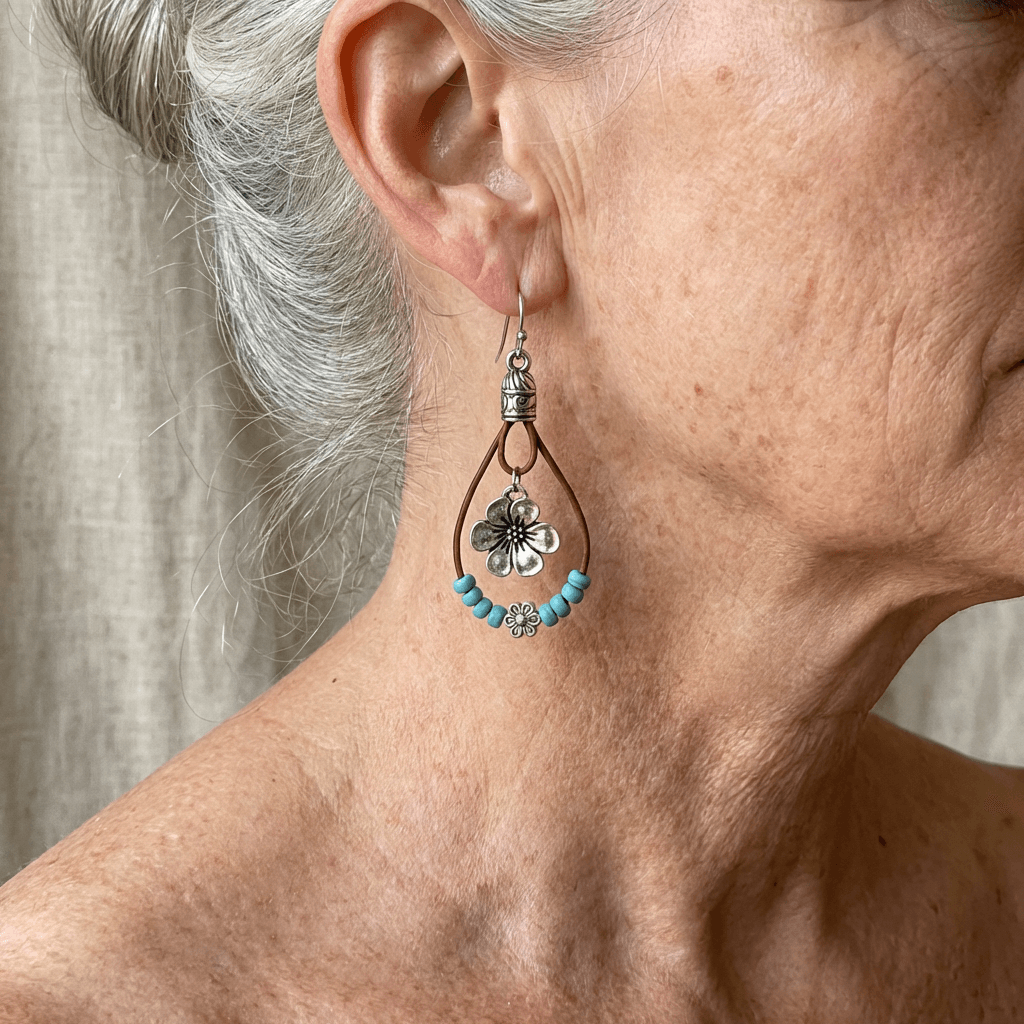 PENDIENTES BOHEMIO PRUNE FLOR TURQUESA PERLES COLGANTE