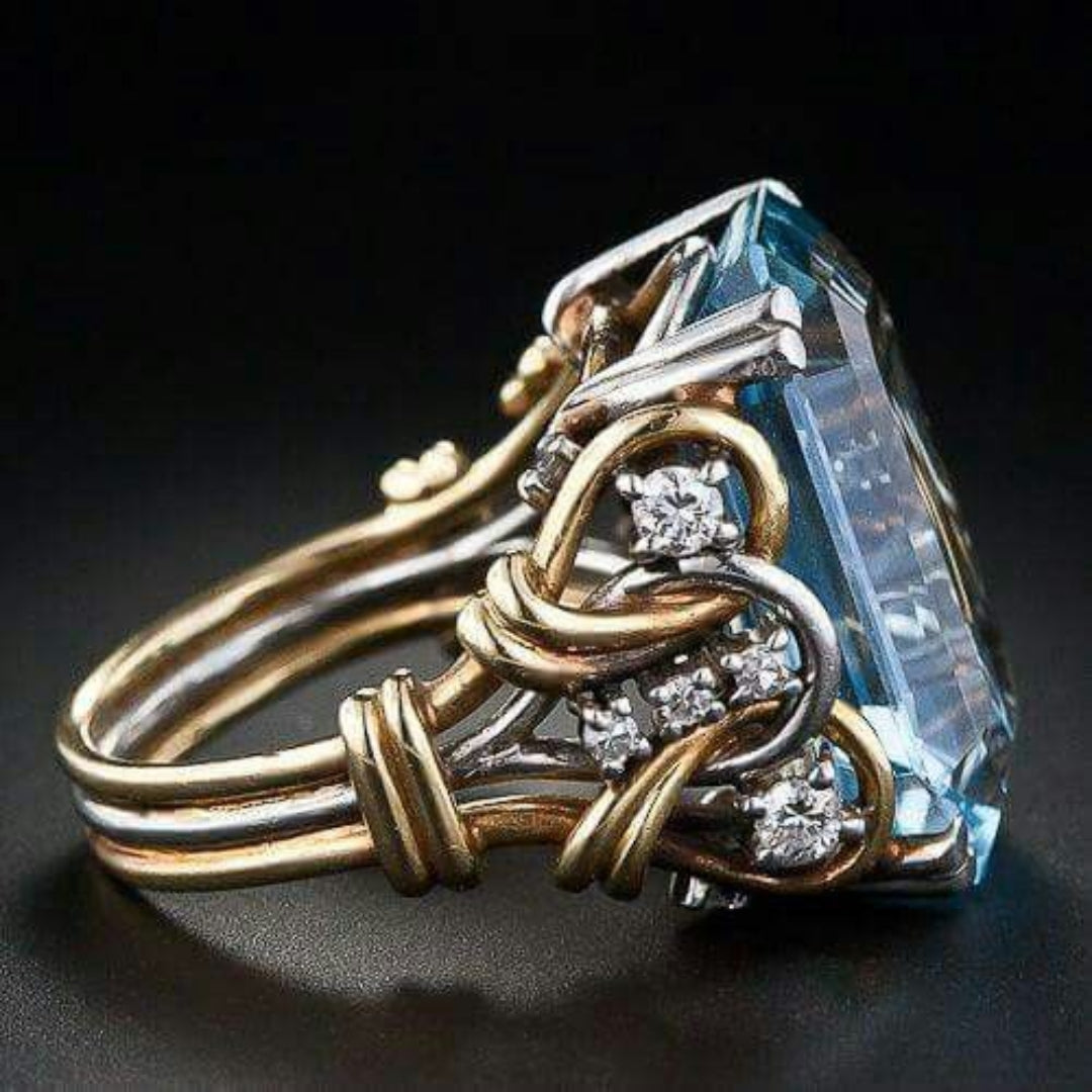 ANILLO VINTAGE AZUL CIRCONA SUPERPUESTO ORO