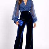 MONO DE TERCIOPELO AZUL CON MALLA Y ESCOTE EN V