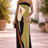 VESTIDO MAXI ESTAMPADO PALABRA DE HONOR CON BLOQUES DE COLOR