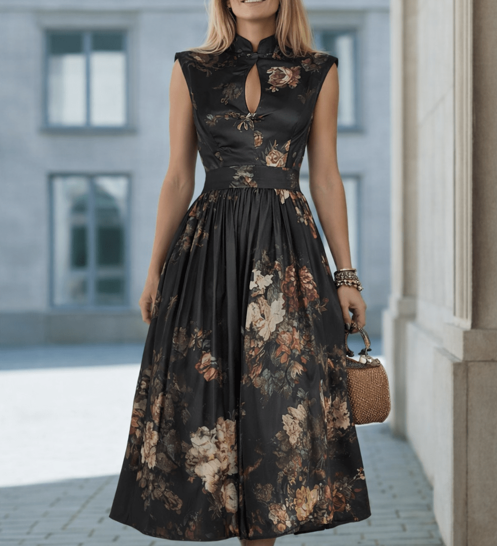 VESTIDO MIDI SATINADO CON ESTAMPADO FLORAL Y DETALLE KEYHOLE - VALERINA MARBELLA