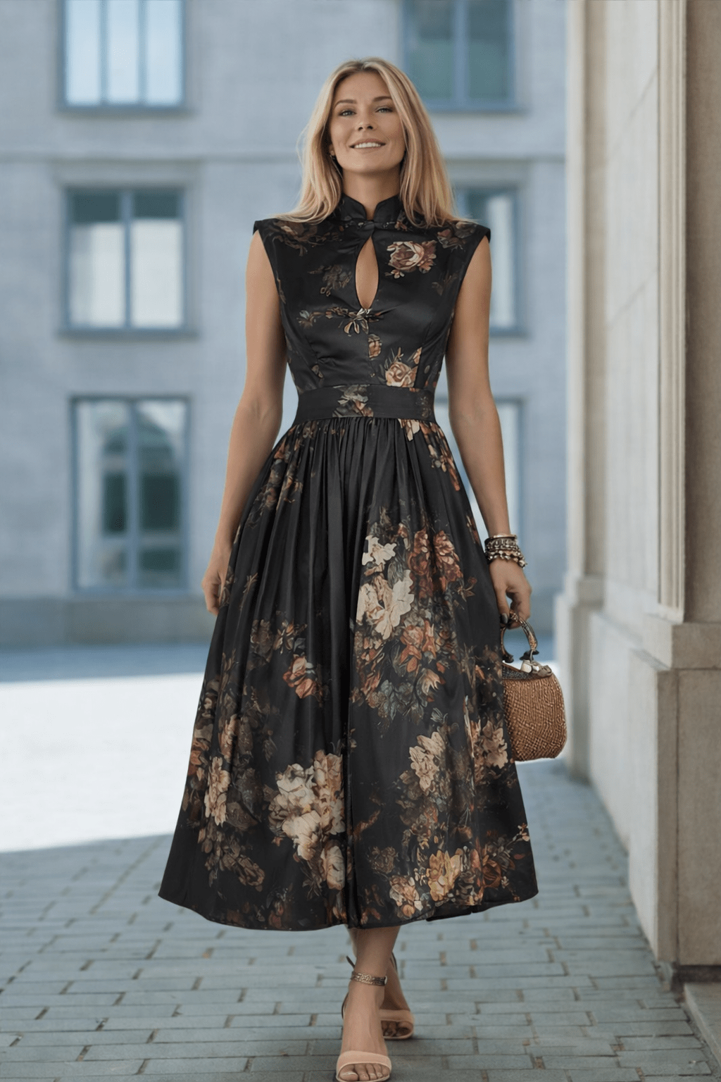 VESTIDO MIDI SATINADO CON ESTAMPADO FLORAL Y DETALLE KEYHOLE - VALERINA MARBELLA