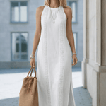 VESTIDO MIDI DE LINO CON CUELLO MAO - VALERINA MARBELLA