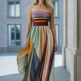VESTIDO MAXI PLISADO DE RAYAS CON BANDEAU Y HOMBROS DESCUBIERTOS