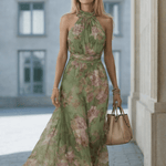 VESTIDO LARGO FLORAL VERDE CON ESCOTE HALTER - VALERINA MARBELLA