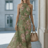 VESTIDO LARGO FLORAL VERDE CON ESCOTE HALTER - VALERINA MARBELLA