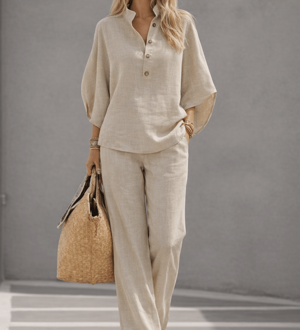 CONJUNTO DE ALGODÓN Y LINO CON MANGAS MURCIÉLAGO - VALERINA MARBELLA