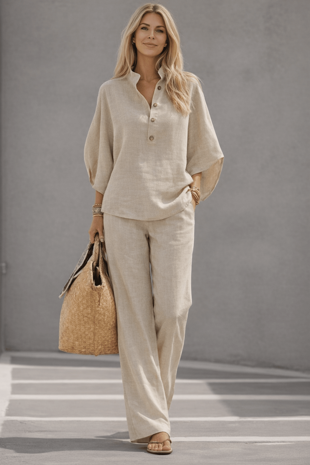 CONJUNTO DE ALGODÓN Y LINO CON MANGAS MURCIÉLAGO - VALERINA MARBELLA