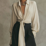 CONJUNTO DE CAMISA BEIGE CON CORDONES Y PANTALÓN