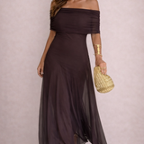 VESTIDO MAXI MARRÓN DE MALLA DE UN HOMBRO