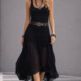 VESTIDO MAXI NEGRO CON TOP SIN MANGAS Y FALDA DE TUL