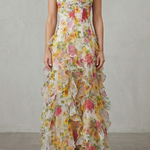 Fiorella – Watercolour bloom flow – Ruffled chiffon maxi dress