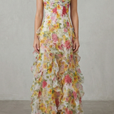 Fiorella – Watercolour bloom flow – Ruffled chiffon maxi dress
