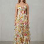 Fiorella – Watercolour bloom flow – Ruffled chiffon maxi dress