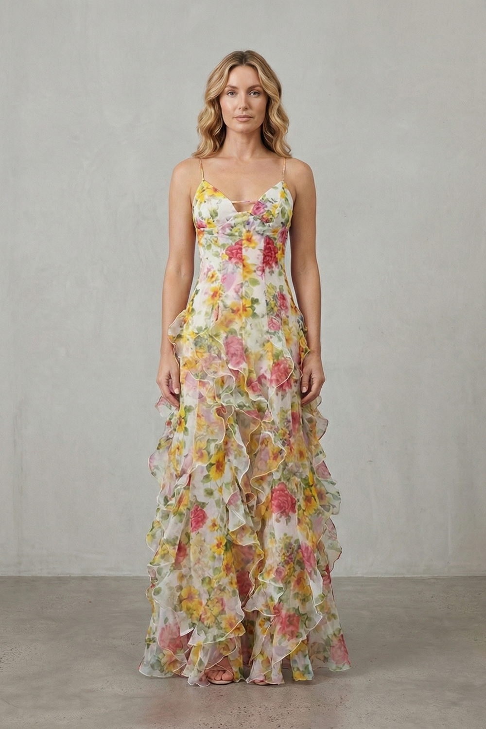 Fiorella – Watercolour bloom flow – Ruffled chiffon maxi dress