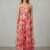 Fiorella – Watercolour bloom flow – Ruffled chiffon maxi dress