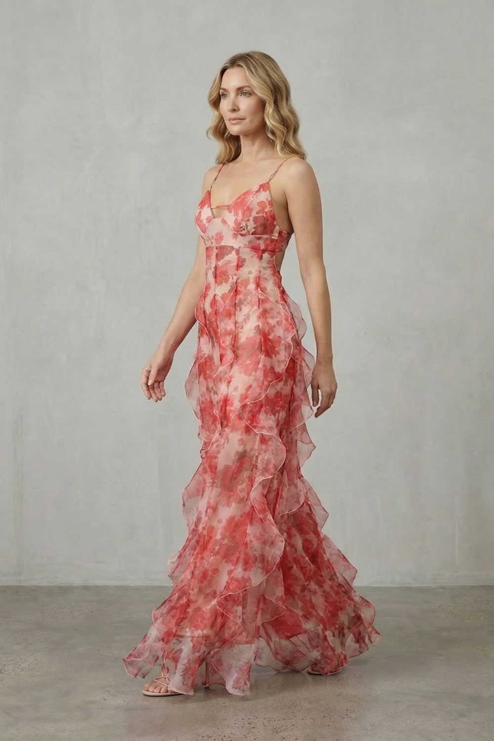 Fiorella – Watercolour bloom flow – Ruffled chiffon maxi dress