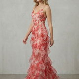 Fiorella – Watercolour bloom flow – Ruffled chiffon maxi dress