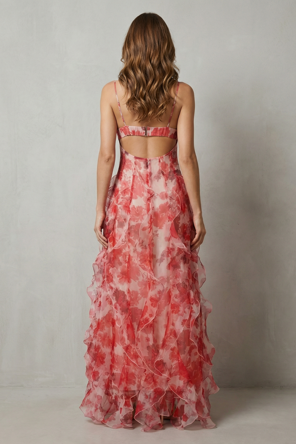 Fiorella – Watercolour bloom flow – Ruffled chiffon maxi dress
