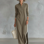Women's Minimalist White-trimmed Button-down Collar Sweatshirt Dress Maxi Dress MDA0958L0Y