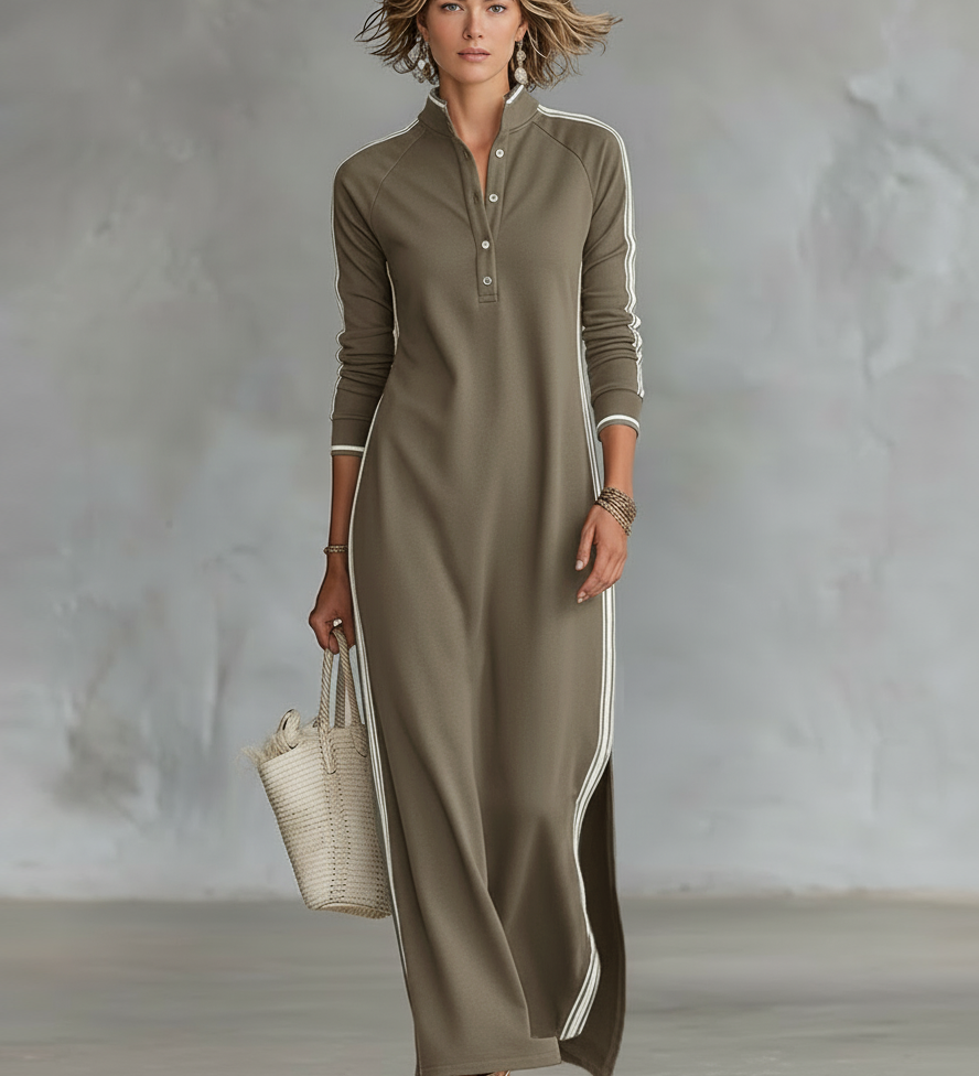 Women's Minimalist White-trimmed Button-down Collar Sweatshirt Dress Maxi Dress MDA0958L0Y