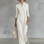Women's Minimalist White-trimmed Button-down Collar Sweatshirt Dress Maxi Dress MDA0958L0Y