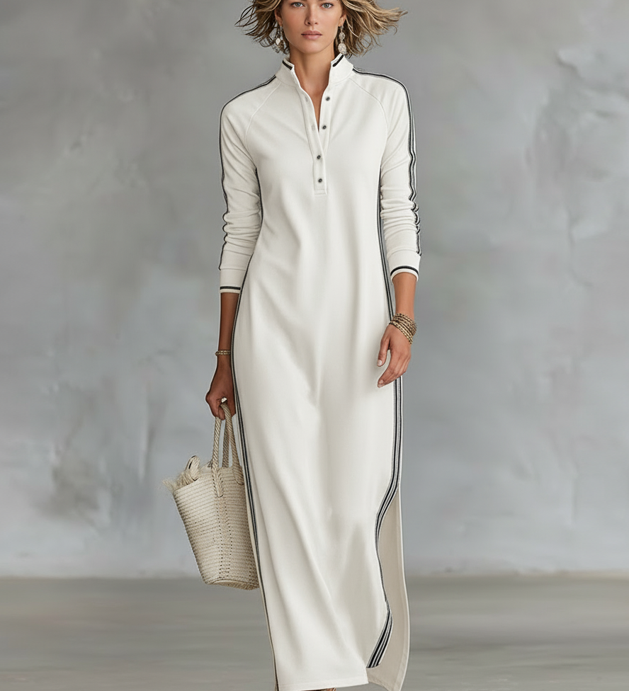 Women's Minimalist White-trimmed Button-down Collar Sweatshirt Dress Maxi Dress MDA0958L0Y