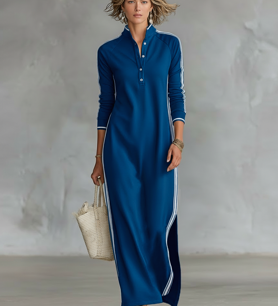 Women's Minimalist White-trimmed Button-down Collar Sweatshirt Dress Maxi Dress MDA0958L0Y