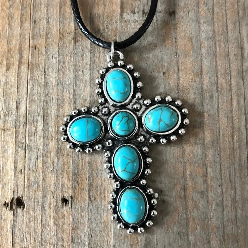 COLLAR BOHEMIO RÉTRO PLATA TON TURQUESA CRUZ COLGANTE