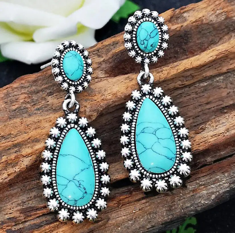 PENDIENTES ELEGANTE VINTAGE PLATA TON TURQUESA COLGANTE