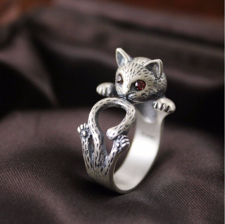 ANILLO RÉGLABLE HAND PAINTED CHAT EN 925 STERLING PLATA