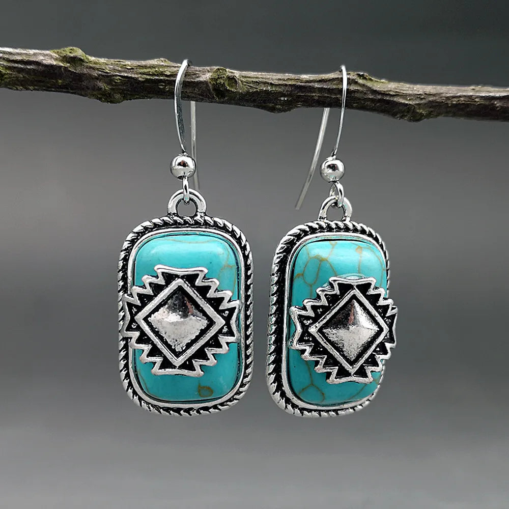PENDIENTES BOHEMIO VINTAGE AZTÈQUE GÉOMÉTRIQUE TURQUESA GOTA