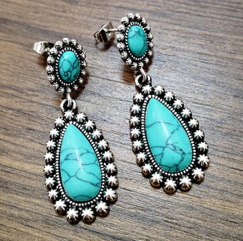 PENDIENTES ELEGANTE VINTAGE PLATA TON TURQUESA COLGANTE