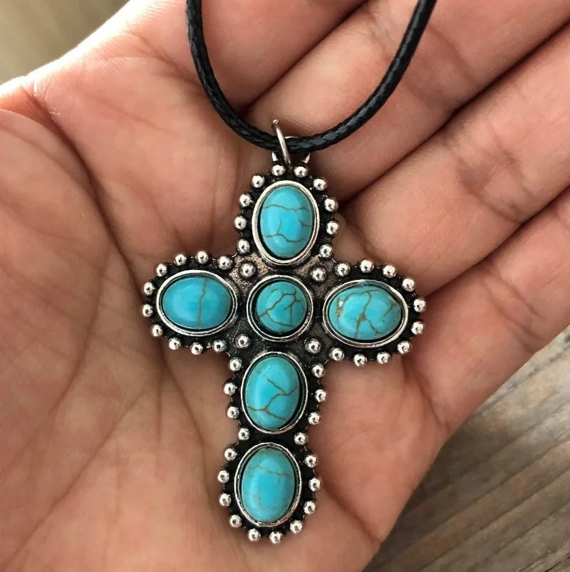 COLLAR BOHEMIO RÉTRO PLATA TON TURQUESA CRUZ COLGANTE