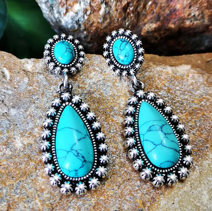 PENDIENTES ELEGANTE VINTAGE PLATA TON TURQUESA COLGANTE