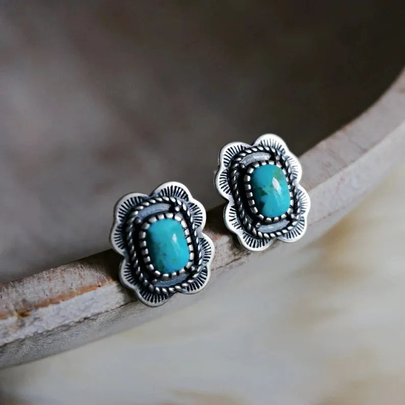 PENDIENTES VINTAGE PLATA TON TURQUESA FLOR CLOU OREILLE