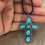 COLLAR BOHEMIO RÉTRO PLATA TON TURQUESA CRUZ COLGANTE